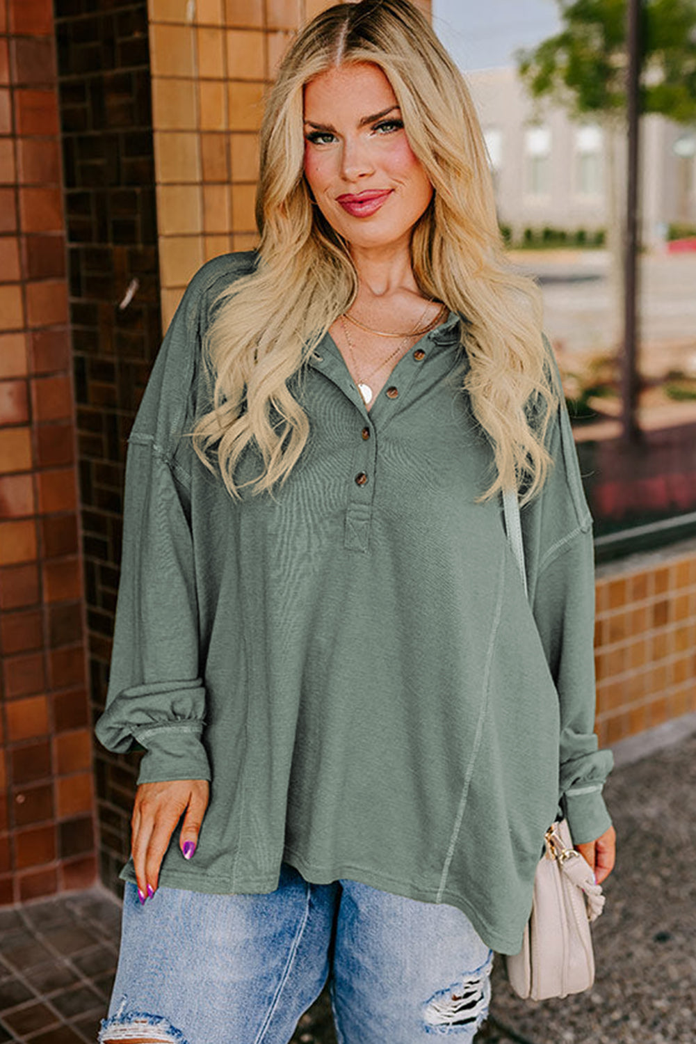 Seagrass Plus Size Exposed Seam Drop Shoulder Henley Top Plus Size Long Sleeve Tops JT's Designer Fashion