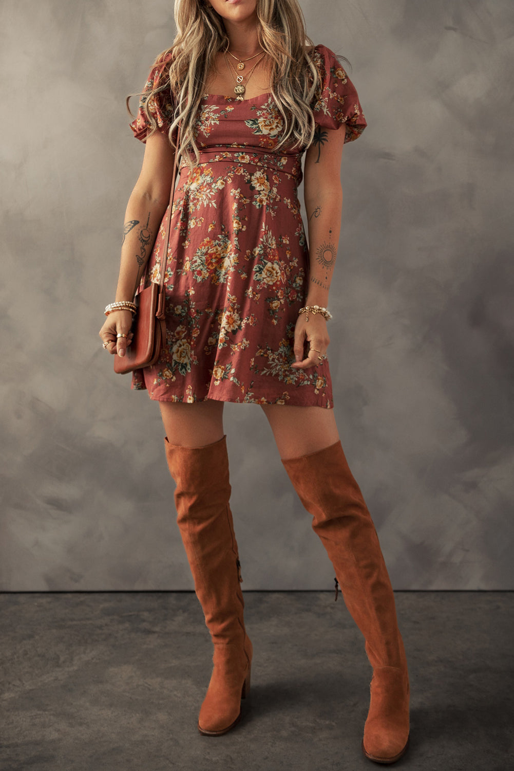 Red Floral Puff Sleeve Square Neck Knot Open Back Mini Dress Mini Dresses JT's Designer Fashion