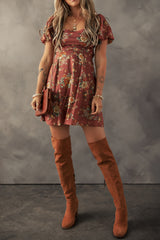 Red Floral Puff Sleeve Square Neck Knot Open Back Mini Dress Mini Dresses JT's Designer Fashion