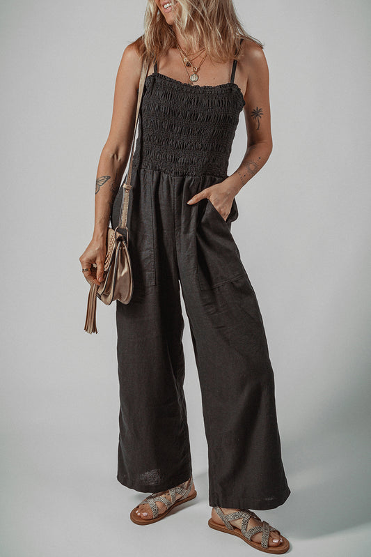 Black Spaghetti Straps Shirred Bodice Pocketed Wide Leg Jumpsuit Jumpsuits & Rompers JT's Designer Fashion