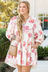 White Floral Print Lace up V Neck Balloon Sleeve Plus Size Shift Mini Dress White 100%Cotton Plus Size Mini Dresses JT's Designer Fashion