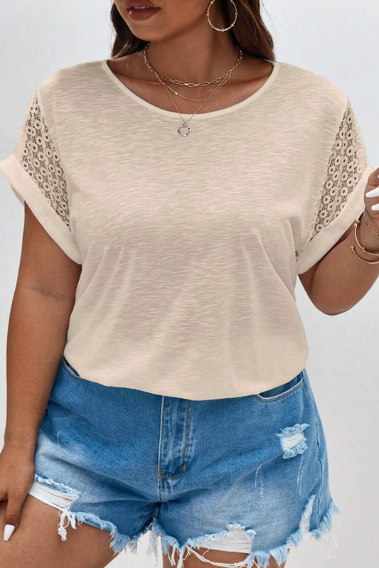 Parchment Lace Patchwork Short Sleeve Round Neck Plus Size Summer Top Plus Size JT's Designer Fashion