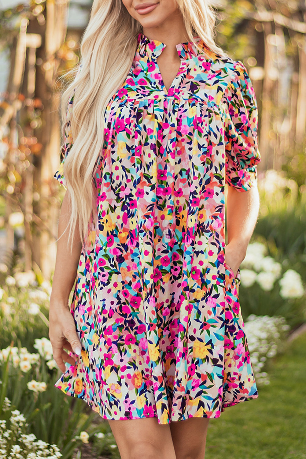 Pink Floral Puff Short Sleeve V Neck Mini Dress Floral Dresses JT's Designer Fashion