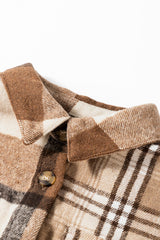 Light French Beige Flannel Plaid Double Flap Pocket Shacket Plaid Shackets JT's Designer Fashion