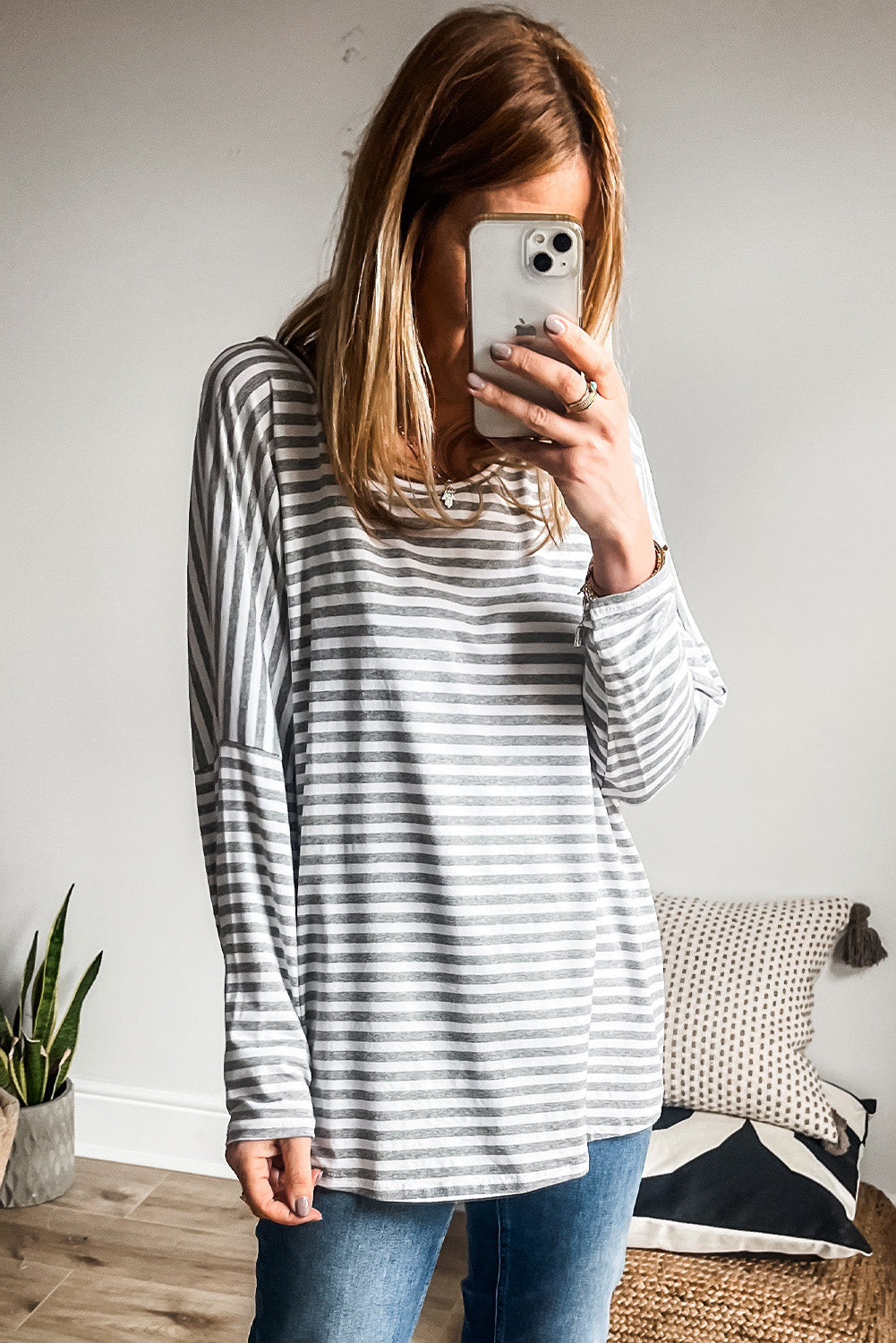 Gray Stripe Drop Sleeve Round Neck Oversized Long Sleeve Top Long Sleeve Tops JT's Designer Fashion