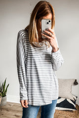 Gray Stripe Drop Sleeve Round Neck Oversized Long Sleeve Top Long Sleeve Tops JT's Designer Fashion