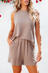 Smoke Gray Corded Sleeveless Top and Pocketed Shorts Set Short Sets JT's Designer Fashion