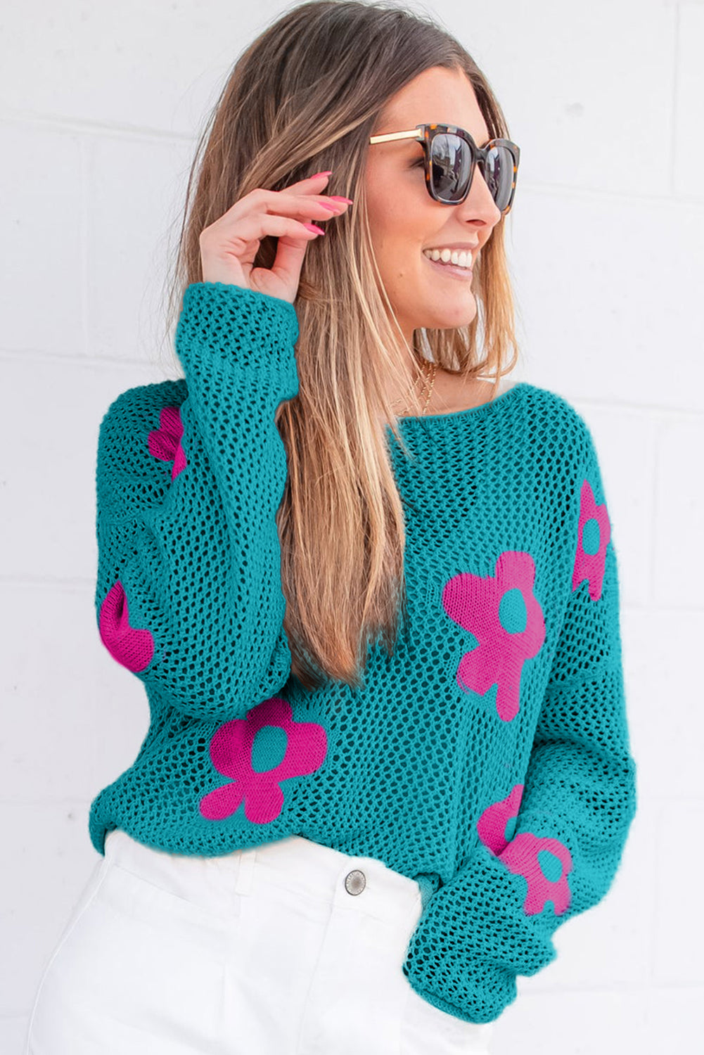 Sea Green Big Flower Hollowed Knit Drop Shoulder Sweater Sweaters JT's Designer Fashion