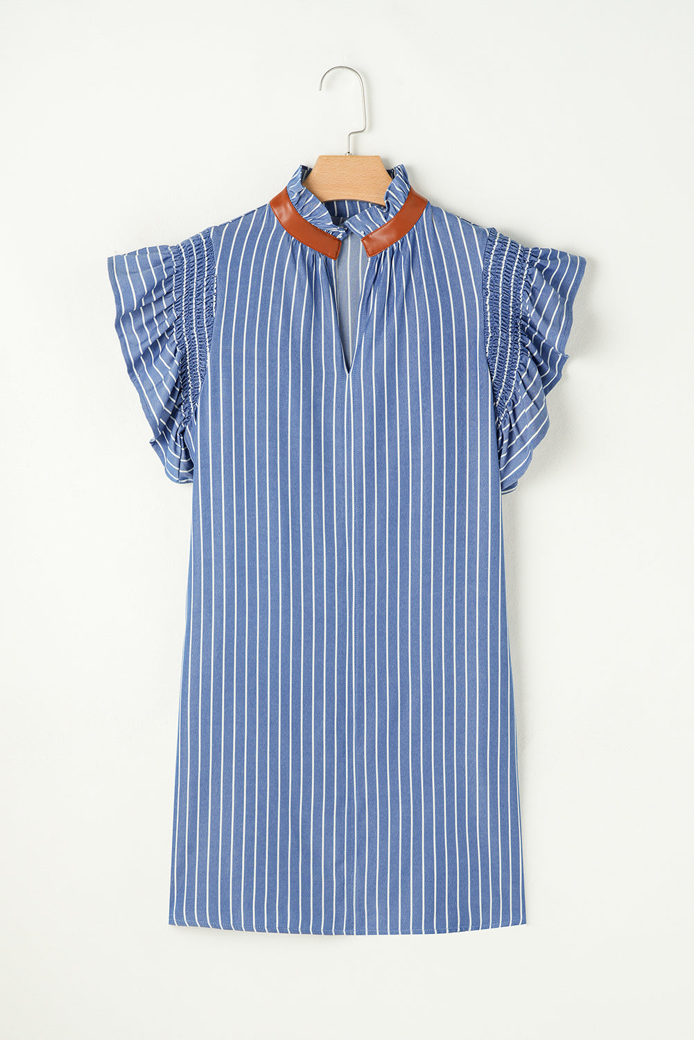 Sky Blue Stripe Frilly Split Neck Shirred Ruffle Sleeve Short Shift Dress Mini Dresses JT's Designer Fashion