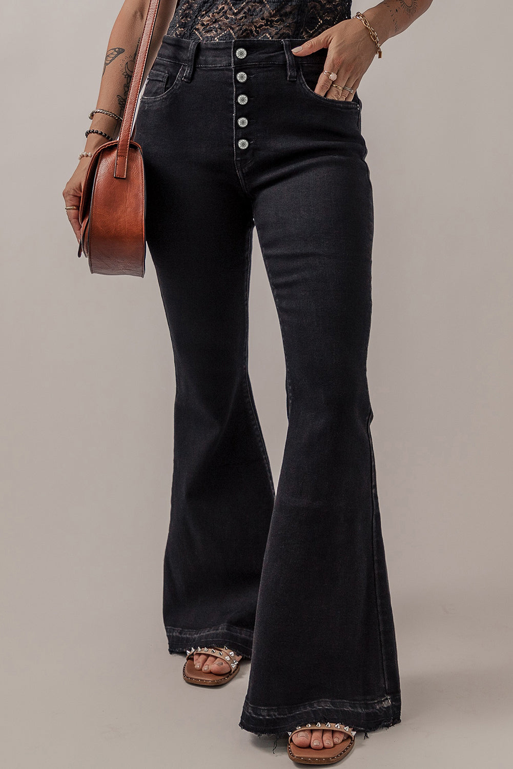 Black High Waist Button Front Flare Jeans Black 71%Cotton+27.5%Polyester+1.5%Elastane Jeans JT's Designer Fashion