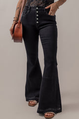 Black High Waist Button Front Flare Jeans Black 71%Cotton+27.5%Polyester+1.5%Elastane Jeans JT's Designer Fashion