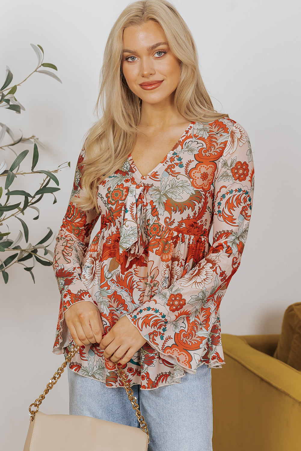 Orange Floral Print Deep V Neck Knot Bell Sleeve Blouse Blouses & Shirts JT's Designer Fashion