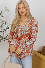 Orange Floral Print Deep V Neck Knot Bell Sleeve Blouse Blouses & Shirts JT's Designer Fashion