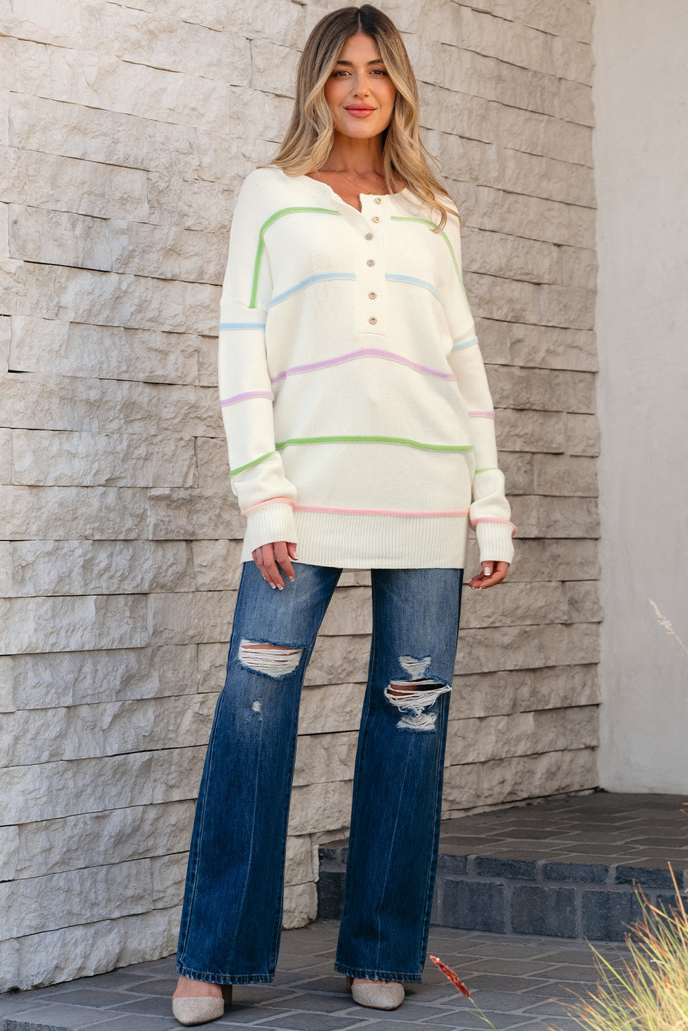 White Rainbow Stripes Drop Shoulder Baggy Henley Sweater Sweaters JT's Designer Fashion