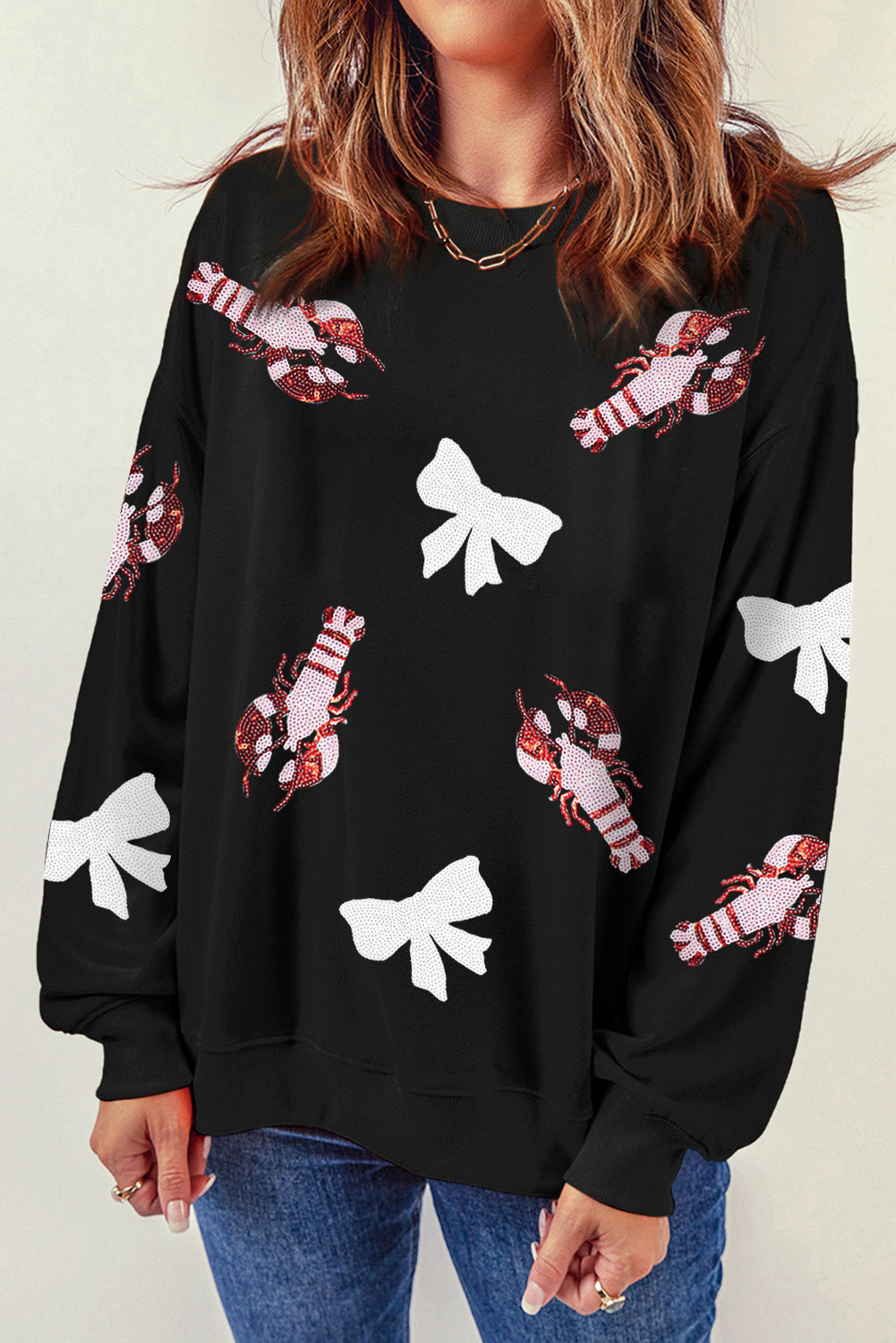 Black Crawfish Bow Sequin Patched Graphic Sweatshirt Graphic Sweatshirts JT's Designer Fashion