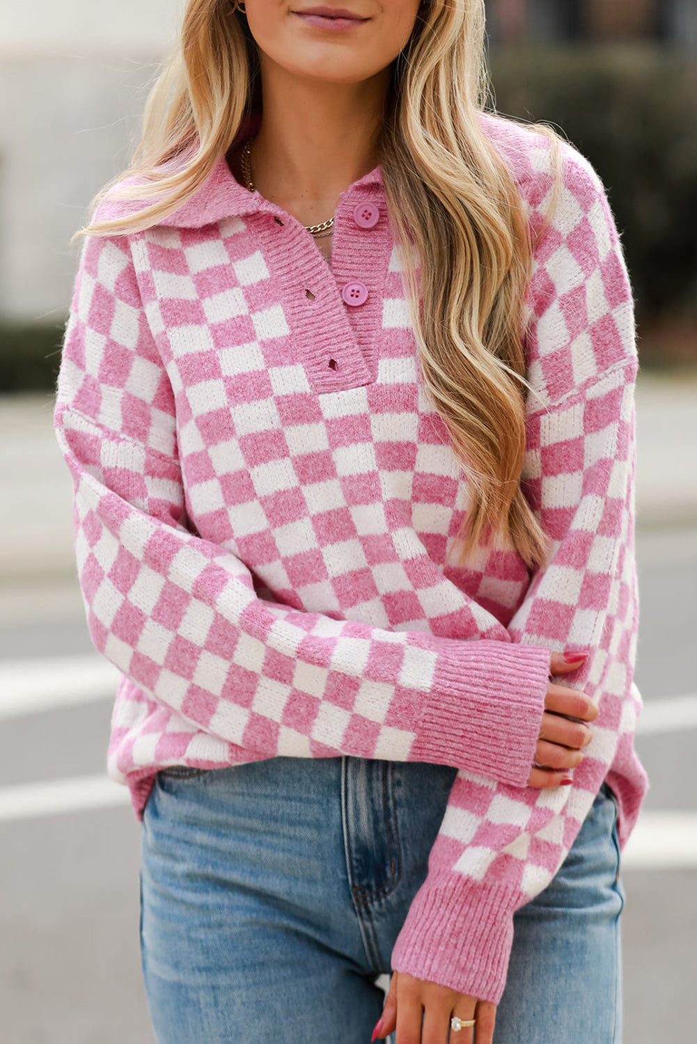 Pink Checkered Buttons Collar V Neck Drop Shoulder Sweater Sweaters JT's Designer Fashion