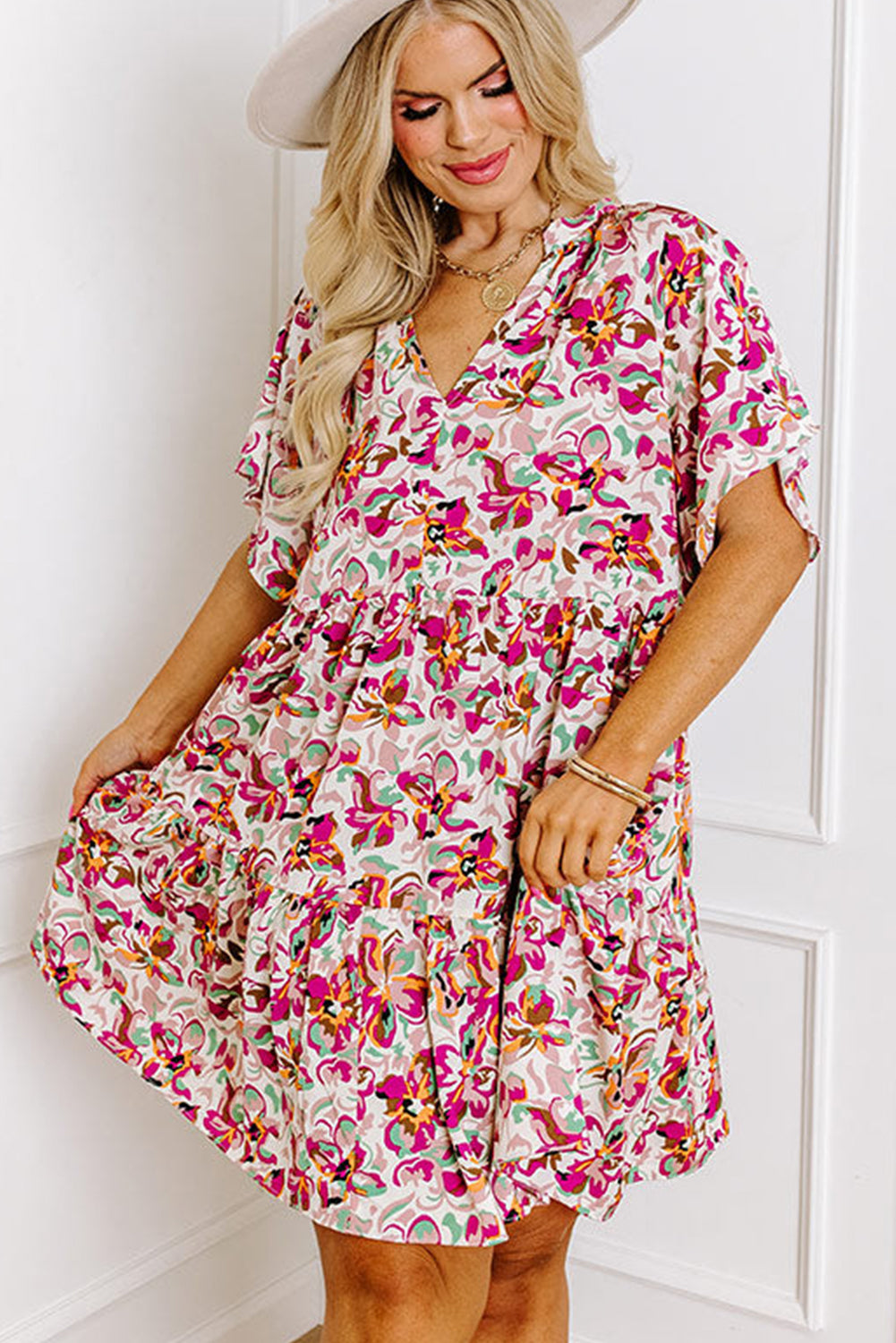 White Abstract Print V Neck Short Sleeve Ruffled Plus Size Mini Dress Plus Size Mini Dresses JT's Designer Fashion