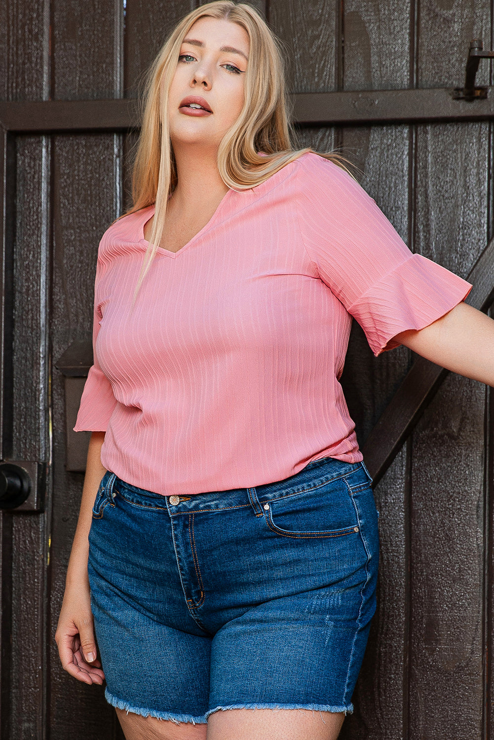 Peach Blossom Ruffled Half Sleeve V Neck Textured Plus Top Plus Size JT's Designer Fashion