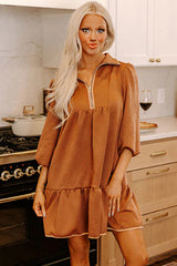 Desert Gold Quarter Zip Collar Bracelet Sleeve Textured Mini Dress Mini Dresses JT's Designer Fashion