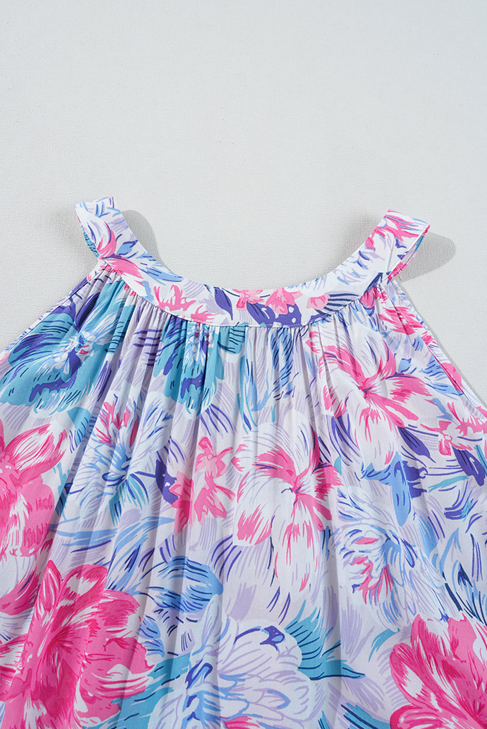 Sky Blue Floral Printed Sleeveless O Neck Knot Waist Maxi Dress Floral Dresses JT's Designer Fashion