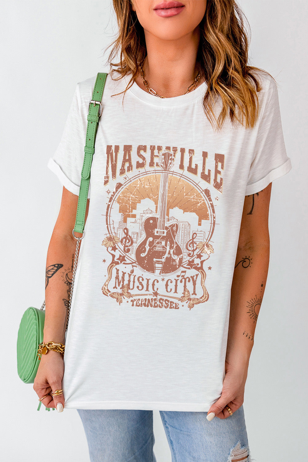 White Vintage NASHVILLE Music City Crewneck Graphic T Shirt Graphic Tees JT's Designer Fashion