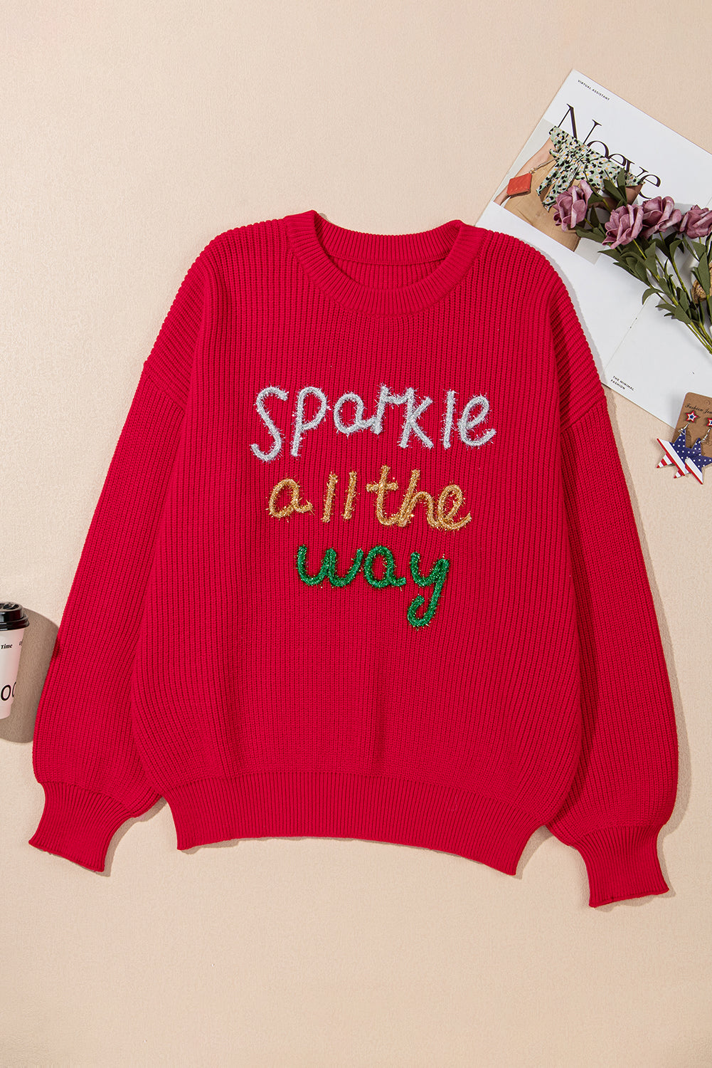 Racing Red Sparkle All The Way Tinsel Crew Neck Plus Size Sweater Plus Size Sweaters & Cardigans JT's Designer Fashion