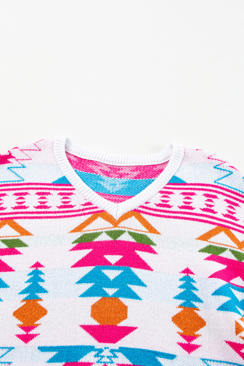 White Oversize Aztec Print High Low V Neck Sweater Sweaters JT's Designer Fashion