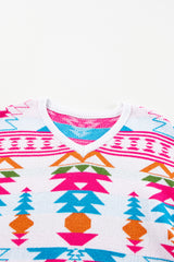 White Oversize Aztec Print High Low V Neck Sweater Sweaters JT's Designer Fashion