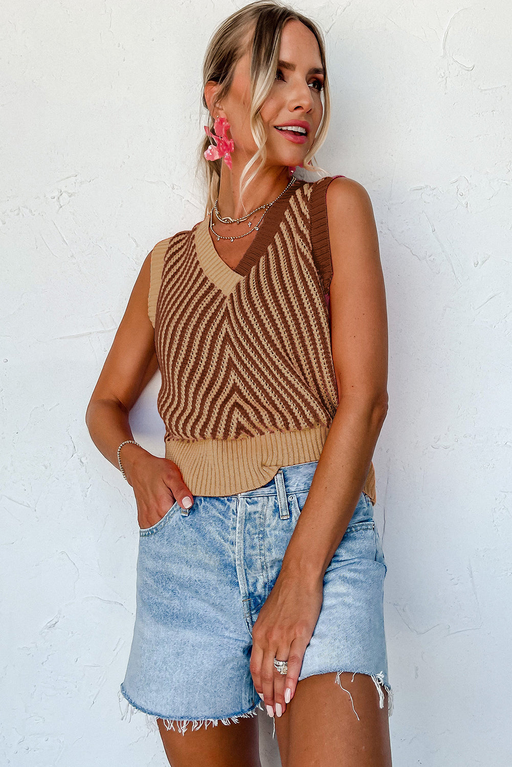 Light French Beige Contrast Chevron Knit V Neck Sweater Vest Sweaters & Cardigans JT's Designer Fashion