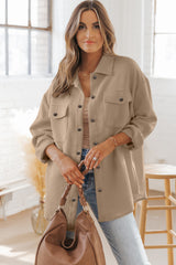 Khaki Solid Textured Flap Pocket Buttoned Shacket Jackets JT's Designer Fashion