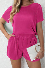 Bright Pink Casual Pleated Short Two-piece Set Short Sets JT's Designer Fashion