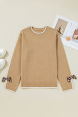 Tan Leopard Bow Decor Split Cuff Contrast Trim Sweater Sweaters JT's Designer Fashion