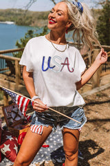 White Sequin USA Graphic Crew Neck Patriotic Tee Graphic Tees JT's Designer Fashion