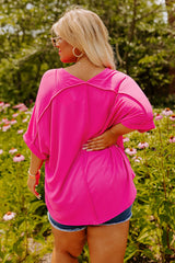 Bright Pink Seamed Back High Low Hem V Neck Cuffed Sleeve Plus Size Tee Plus Size Tops & Tees JT's Designer Fashion