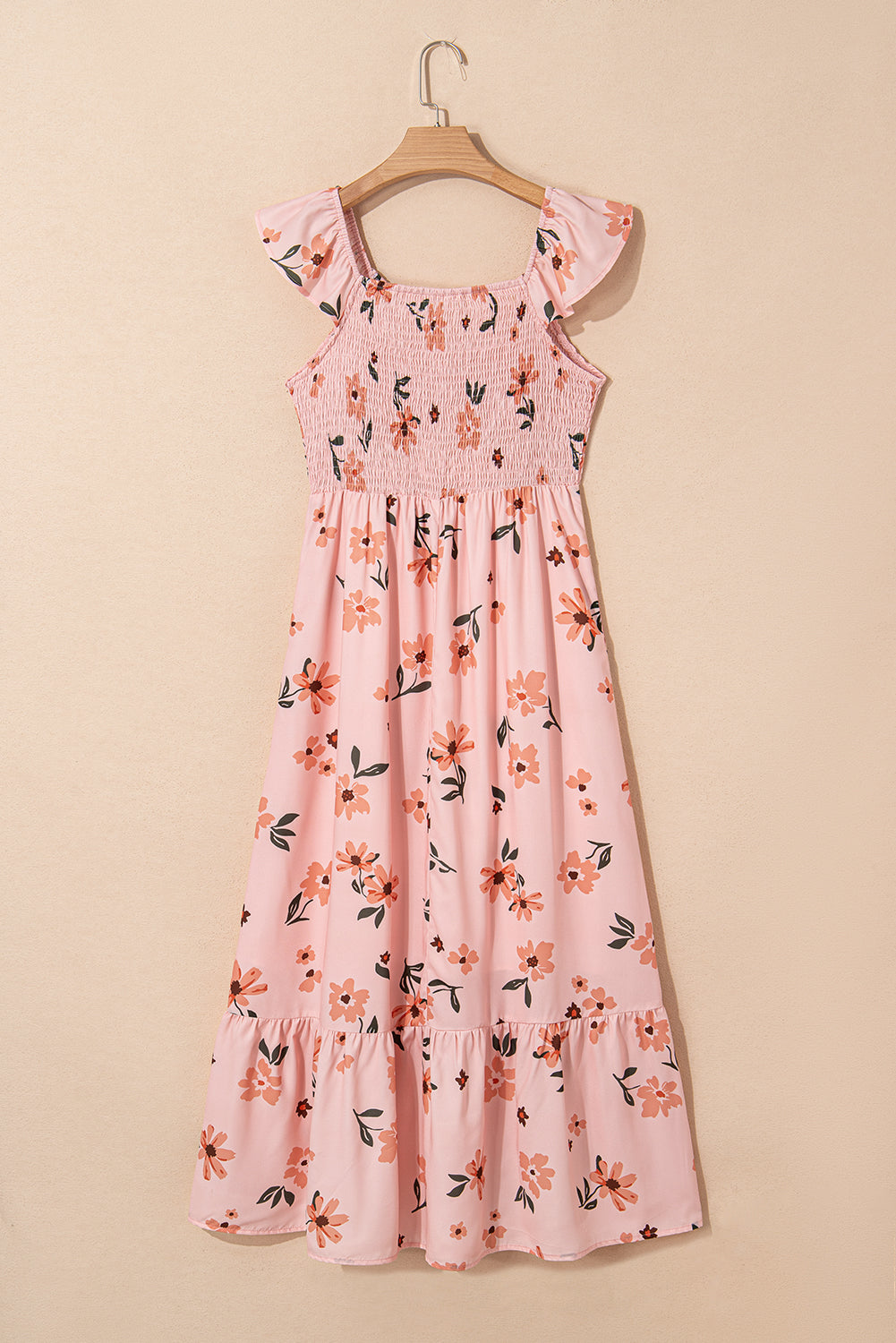 Pink Floral V Neck Smocked High Waist Ruffle Hem Long Dress Maxi Dresses JT's Designer Fashion