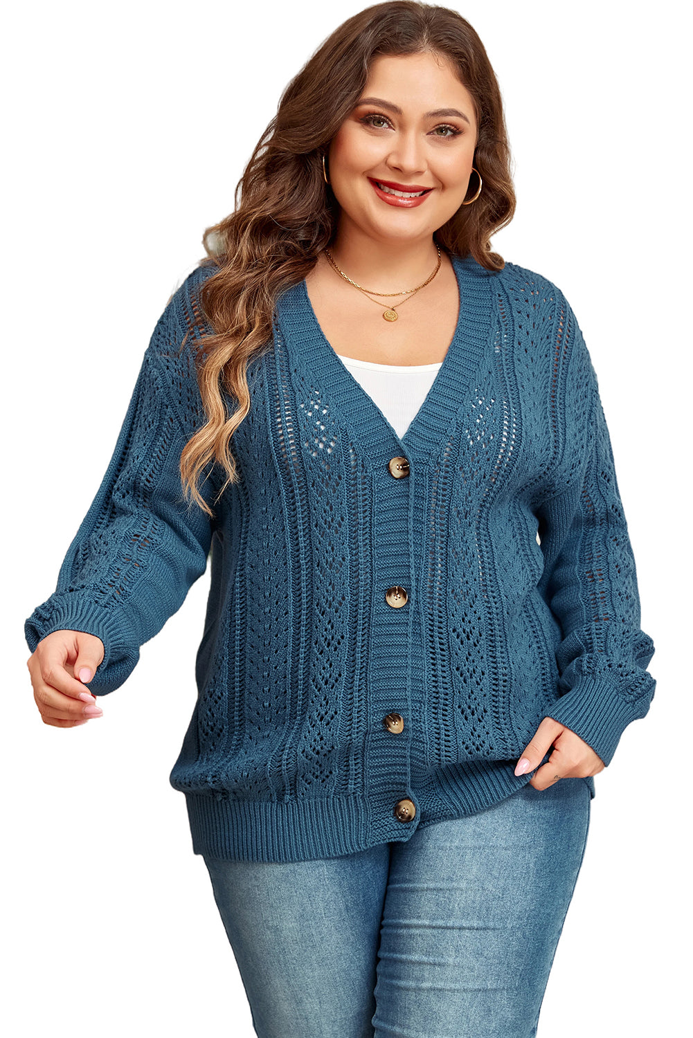 Real Teal Open Knit V Neck Button Front Drop Shoulder Plus Size Cardigan Plus Size Sweaters & Cardigans JT's Designer Fashion