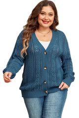Real Teal Open Knit V Neck Button Front Drop Shoulder Plus Size Cardigan Plus Size Sweaters & Cardigans JT's Designer Fashion