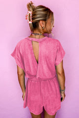Bonbon Mineral Wash Drawstring Waist Hollow Out Back Short Sleeve Romper Jumpsuits & Rompers JT's Designer Fashion