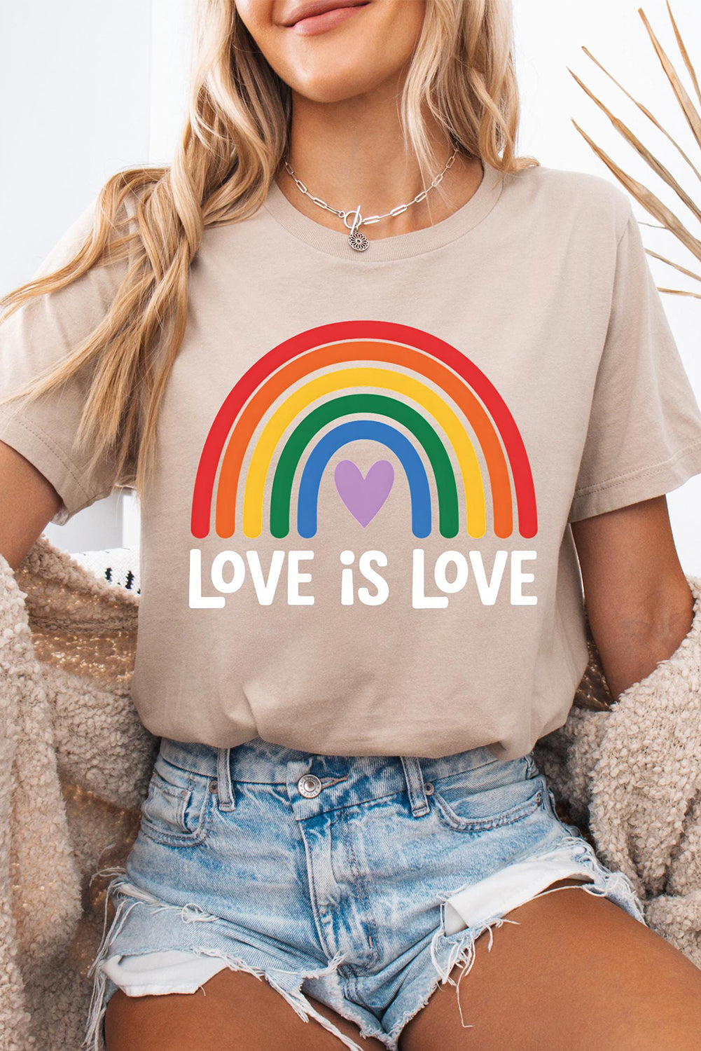Khaki Love is Love Rainbow Heart Printed Cotton Blend T Shirt Graphic Tees JT's Designer Fashion