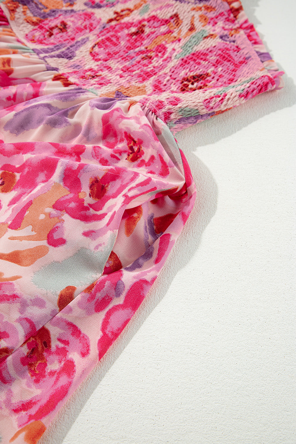Pink Abstract Floral Print Shirred One Shoulder Maxi Dress Floral Dresses JT's Designer Fashion