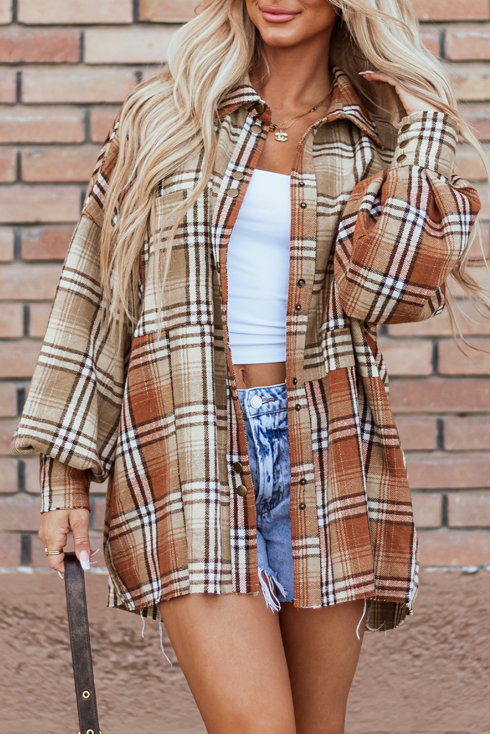 Khaki Plaid Colorblock Patchwork High Low Shacket Plaid Shackets JT's Designer Fashion