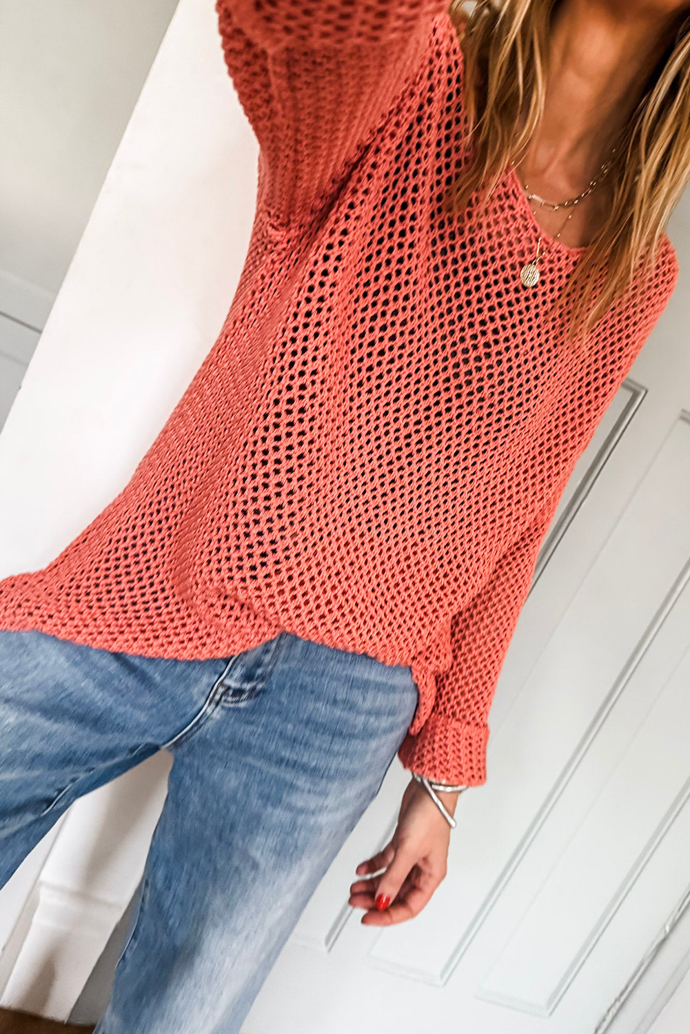 Coral Crochet Hollow-out Jumper Top Sweater Sweaters JT's Designer Fashion