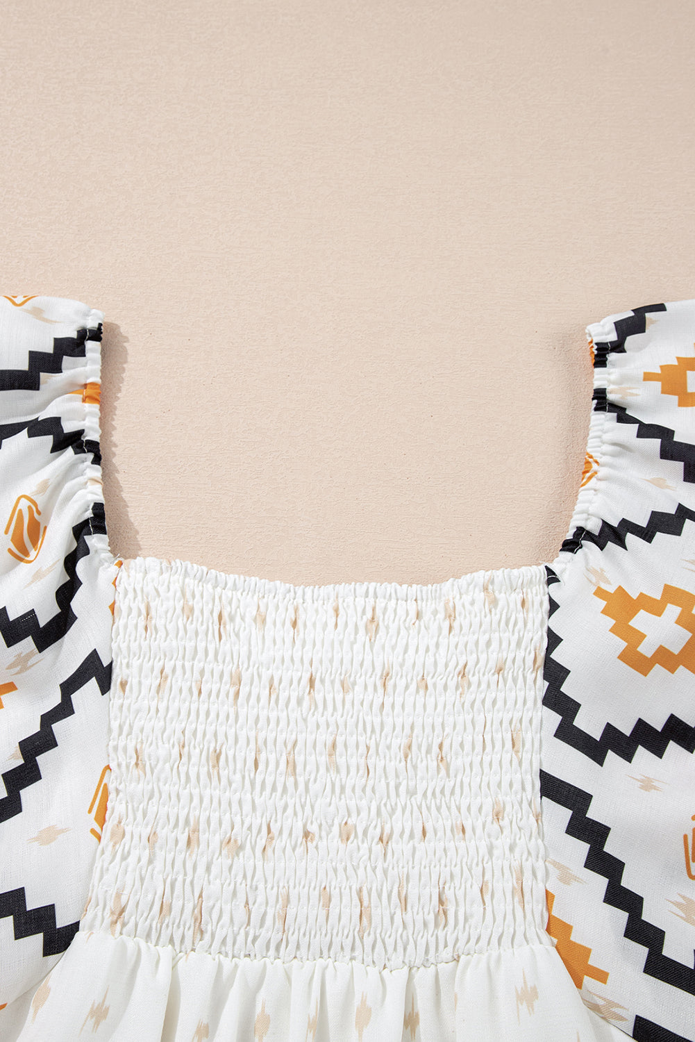 Beige Western Aztec Print Pleated Square Neck Loose Mini Dress Mini Dresses JT's Designer Fashion