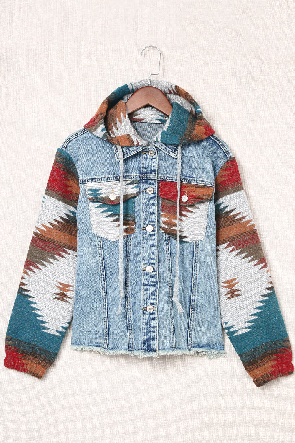 Multicolor Aztec Print Frayed Hem Denim Jacket Denim Jackets JT's Designer Fashion