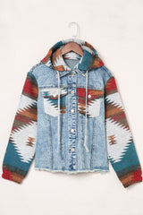 Multicolor Aztec Print Frayed Hem Denim Jacket Denim Jackets JT's Designer Fashion