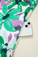 Green Floral Print Shirred Square Neck Loose Fit Mini Dress Floral Dresses JT's Designer Fashion