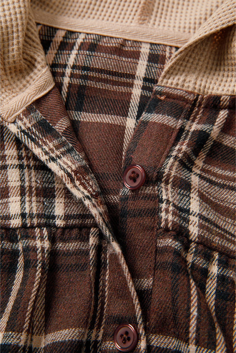 Brown Plaid Patchwork Long Sleeve Button Hooded Blouse Blouses & Shirts JT's Designer Fashion