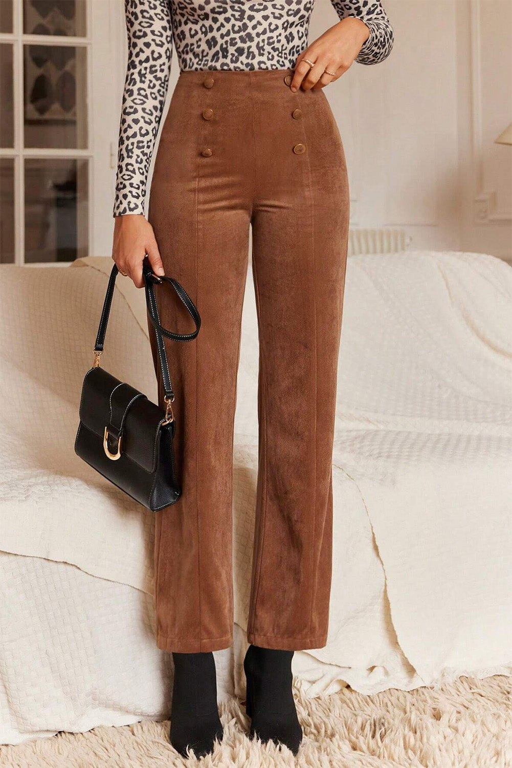 Chestnut Solid Color Double Breasted Straight Leg Pants Pants & Culotte JT's Designer Fashion