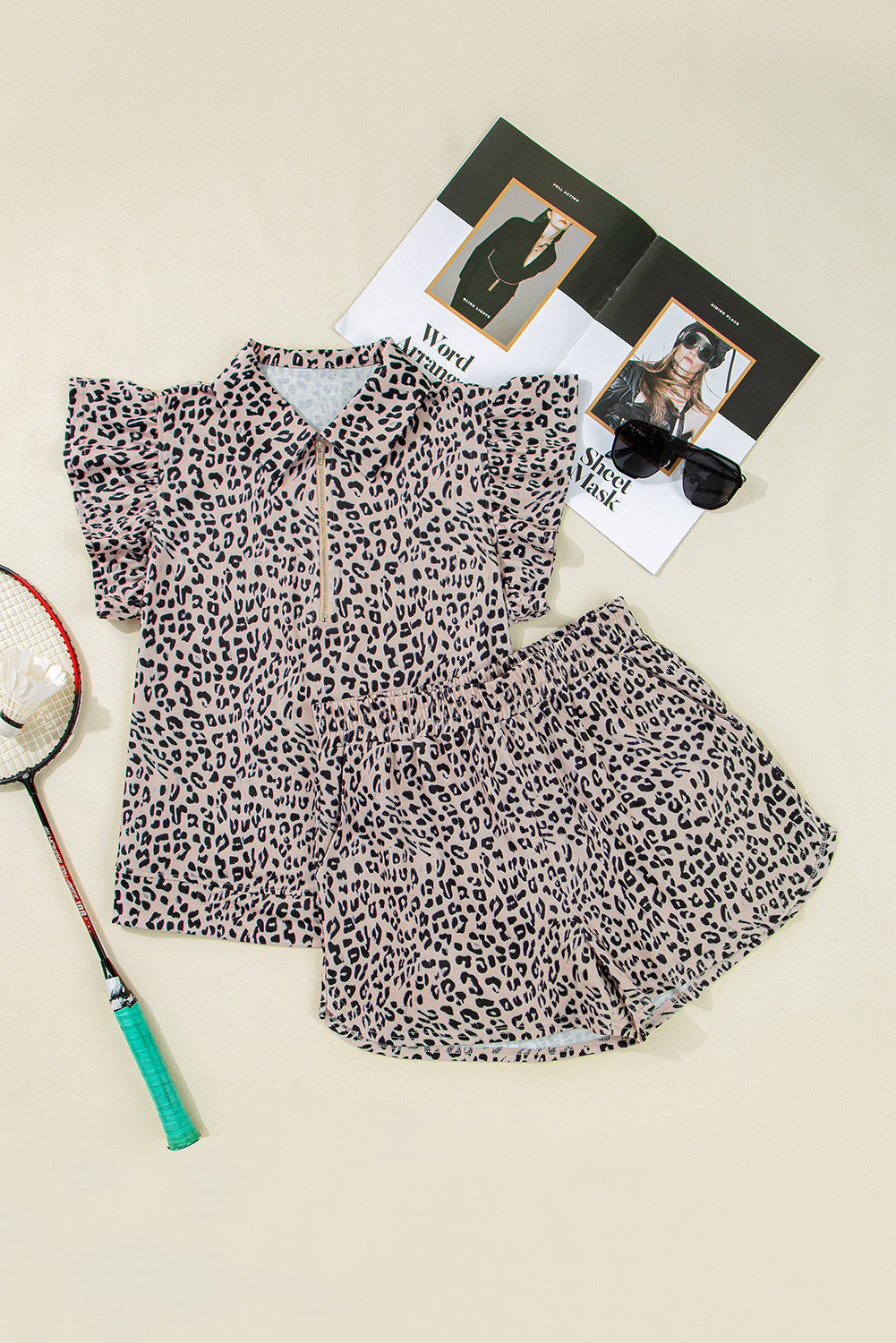 Brown Leopard Half Zipper Collared Ruffled Sleeve Top and Short Set Short Sets JT's Designer Fashion