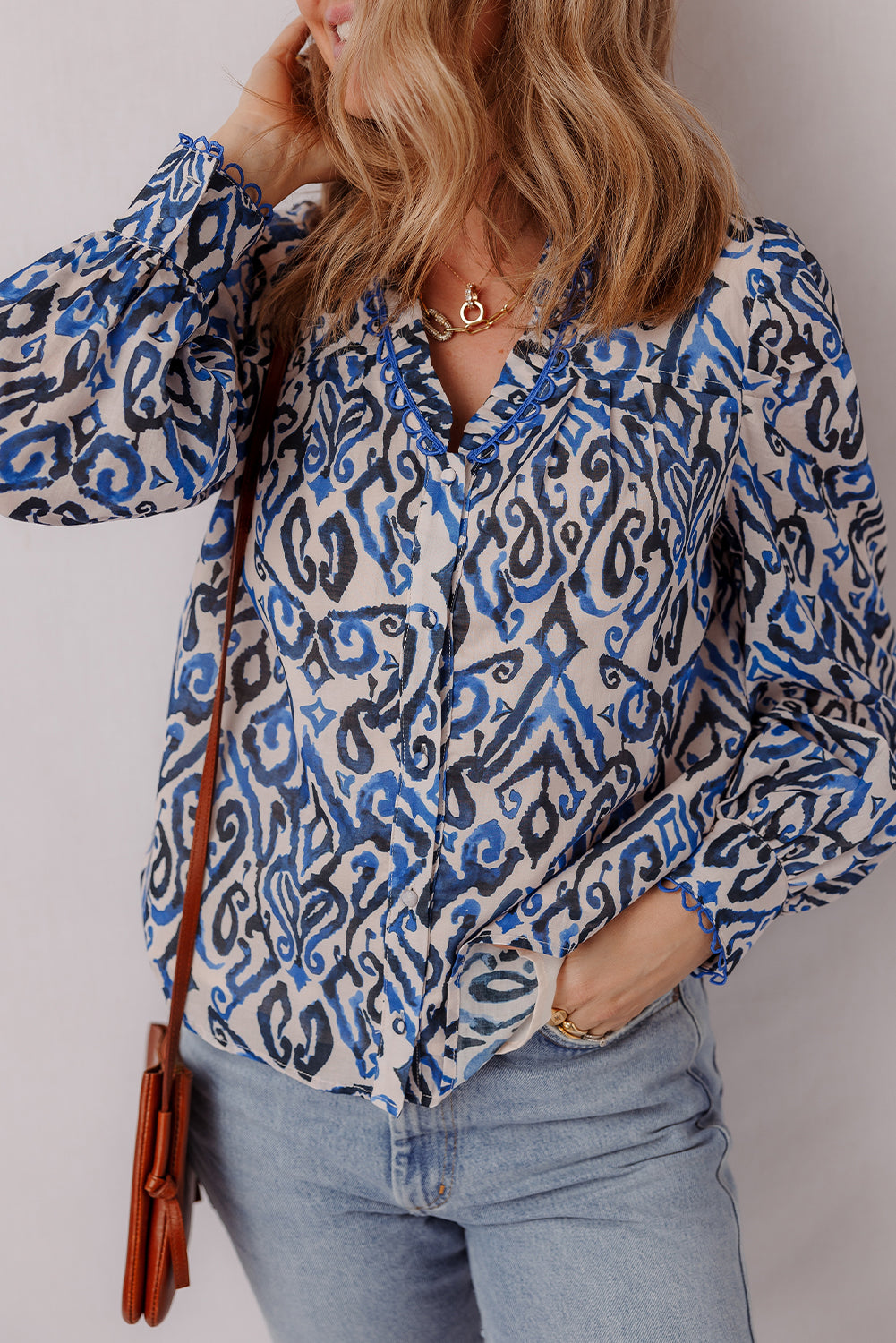 Blue Bohemian Print Embroidered V Neckline Detail Long Sleeve Shirt Blouses & Shirts JT's Designer Fashion